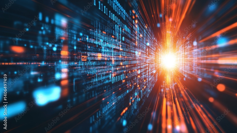 Poster a dynamic, abstract representation of data streams and light, illustrating technology and digital co