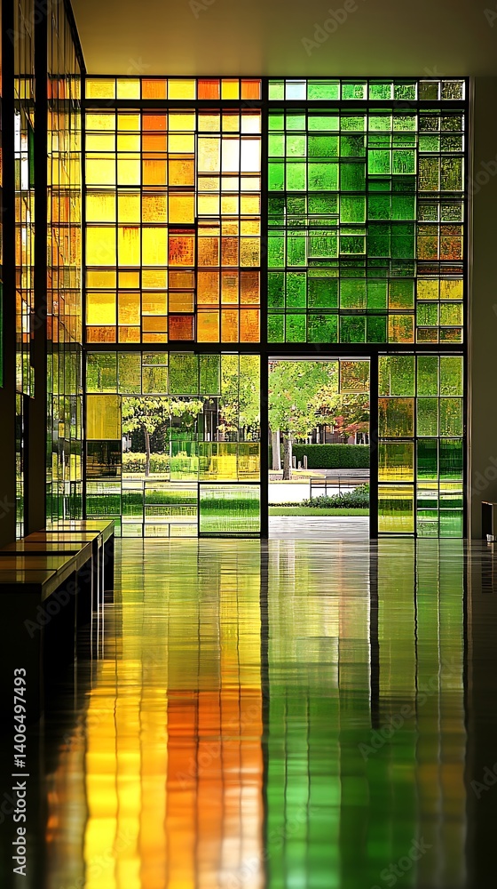 Poster chromatic window reflections, capturing natural light and architecture
