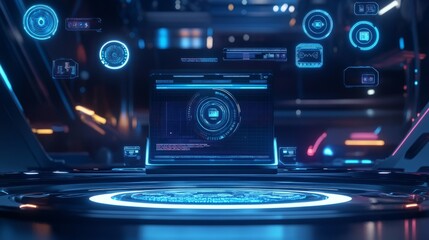 Obraz premium Sleek tech workspace with a laptop and animated AI chat interface, floating icons, and blue futuristic backdrop