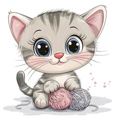 A cute cartoon kitten playing with yarn, isolated on a white background


