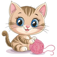 A cute cartoon kitten playing with yarn, isolated on a white background

