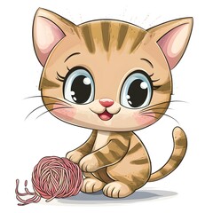 A cute cartoon kitten playing with yarn, isolated on a white background

