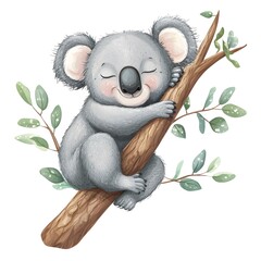 A sleepy cartoon koala hugging a tree branch, isolated on a white background

