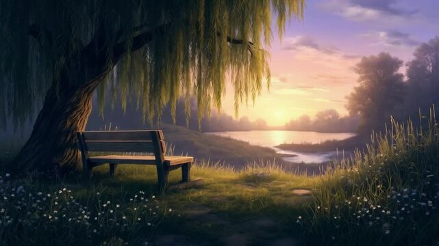 A bench sits peacefully at the edge of the lake, offering a perfect spot to relax and enjoy the tranquil view of the water and surrounding nature.