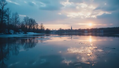 Obraz premium Tranquil Lakeside Sunset: A serene view of a calm lake reflecting the colors of a beautiful sunset, with soft hues of blue and orange painting the sky.