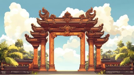 Ornate Balinese gateway in tropical landscape.