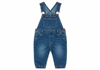 A pair of blue denim baby overalls with straps and pockets isolated on a white background for clothing