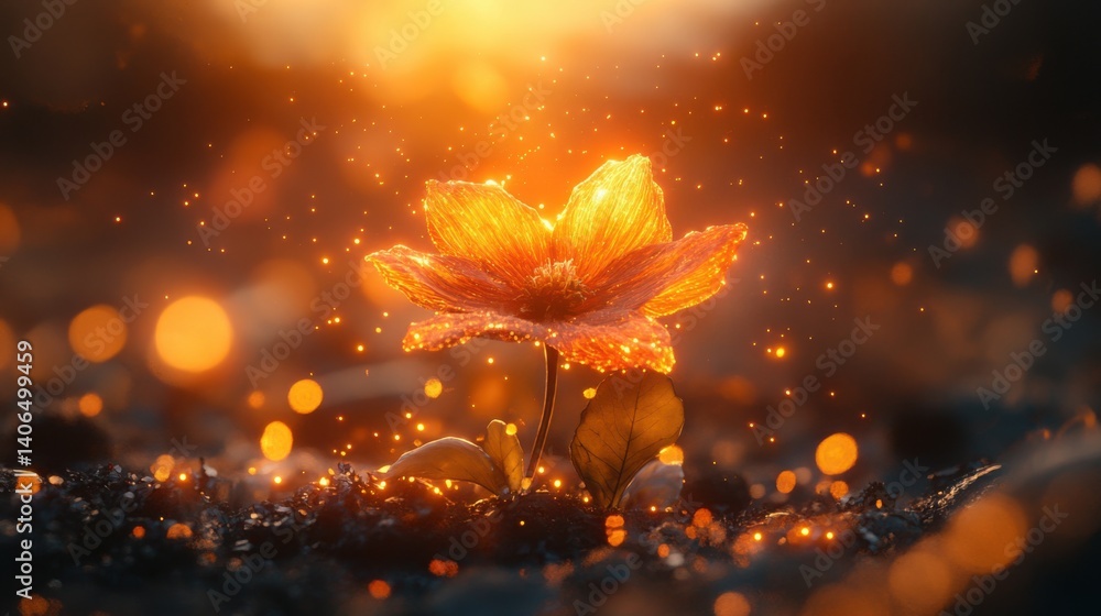 Poster a vibrant flower glows in a mystical setting, surrounded by shimmering particles and warm light, cre