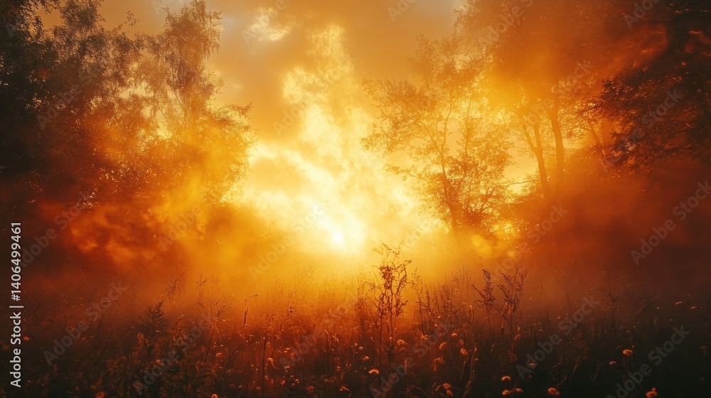 Poster a breathtaking view of a glowing sunset through trees, creating a mystical atmosphere with fog and v
