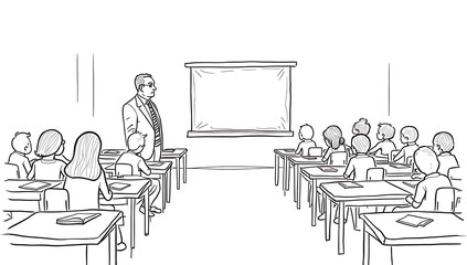 Obraz premium Outline of a classroom scene with blackboard, teacher, desks, and students. Black line style for school-themed coloring page, white background.