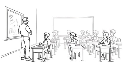 Obraz premium Outline of a classroom scene with blackboard, teacher, desks, and students. Black line style for school-themed coloring page, white background.