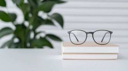 Eyeglasses on books with plant minimalist still life photography