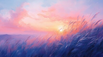 Fototapeta premium A serene landscape showcasing a colorful sunset over tall grass, blending soft hues of pink, purple, and blue.