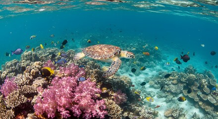 Fototapeta premium A sea turtle swimming in the sea, environment, save the earth, earth day
