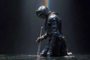 Medieval knight in full plate armor kneels in water, reflecting sorrow.