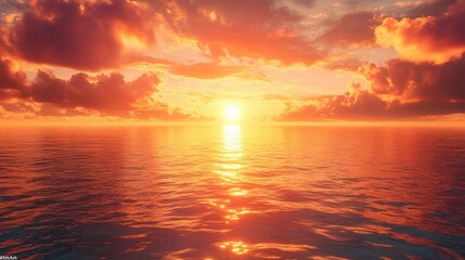 Fototapeta premium A breathtaking sunset over a calm ocean, featuring vibrant orange and pink clouds reflecting on the water's surface.