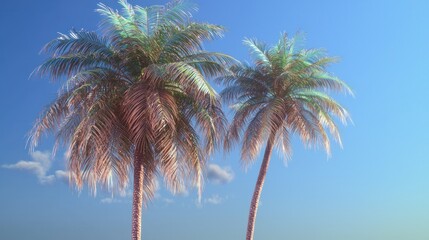 Fototapeta premium Two palm trees against a vibrant sky. Lush green leaves and pale pink-toned trunks. Soft clouds in the background. A serene tropical scene