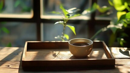 teacup on wooden tray
