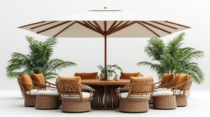 Fototapeta premium Patio dining set featuring a table, chairs, and a square umbrella on a white backdrop