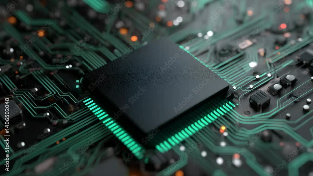 Poster a close-up shows a central processing unit (cpu) chip mounted on a complex green circuit board.