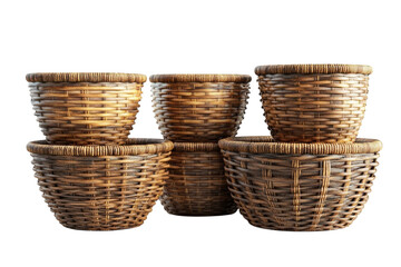 Rustic Woven Brown Baskets Stacked Dark Background PNG Transparent