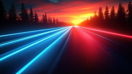 Obraz premium Sunrise highway with vibrant neon streaks. Forest backdrop
