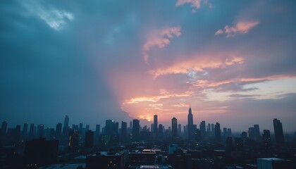 Fototapeta premium City Skyline's Sky Show: A breathtaking view of a cityscape silhouetted against a vibrant, cloud-filled sky as dusk descends, casting an array of colors. 
