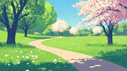 Fototapeta premium Serene park landscape with winding path, blossoming trees, and lush greenery