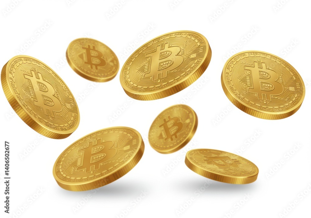 Poster a collection of golden bitcoin coins floating in the air on a plain white background in a digital re