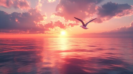 Naklejka premium A serene sunset over the ocean, with vibrant colors reflecting on the water and a bird soaring through the sky, creating a tranquil atmosphere.