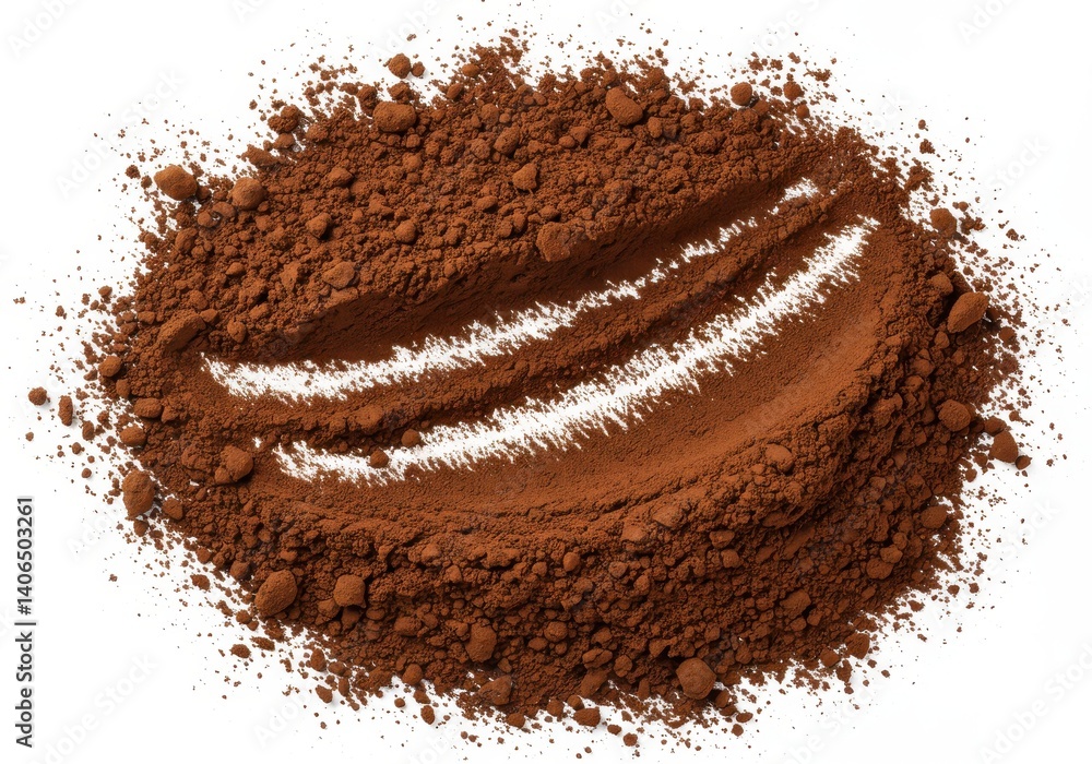 Poster a pile of cocoa powder with three lines drawn through it on a white background studio shot close up