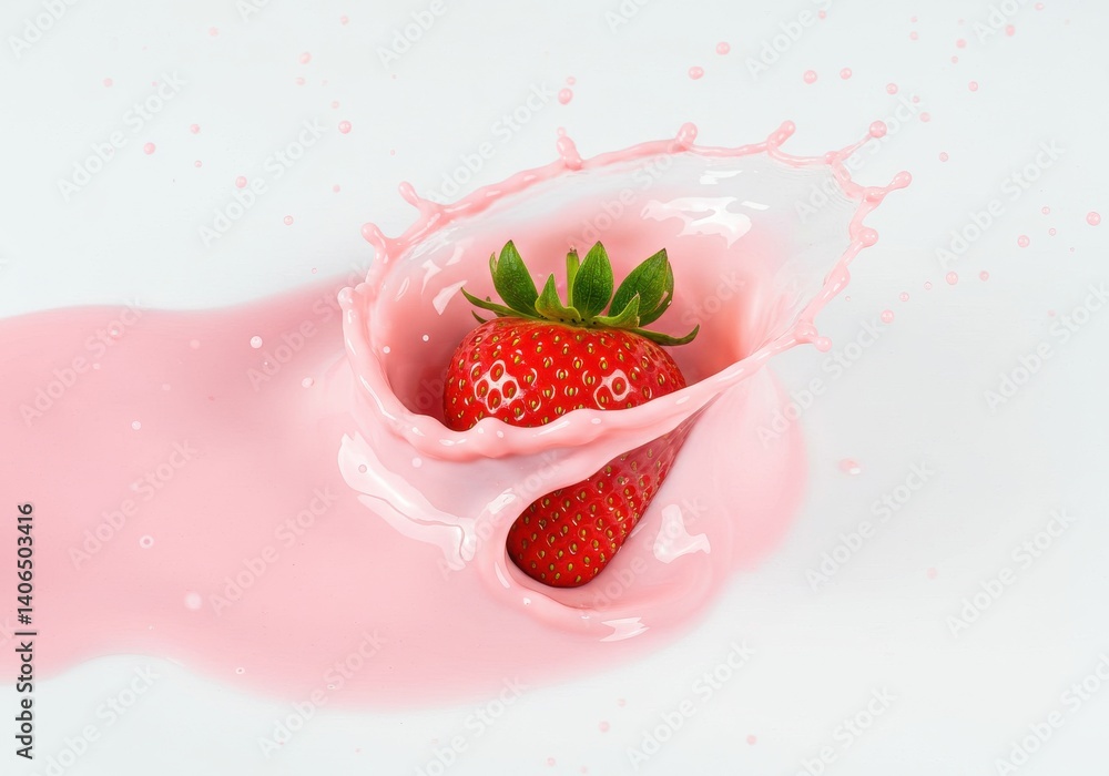 Poster a strawberry falling into pink liquid creating a splash on a plain white surface background view