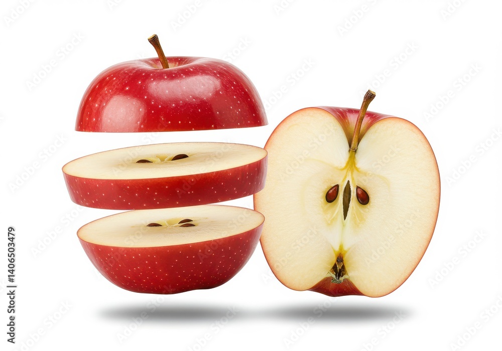 Poster a vibrant red apple sliced with floating sections and a halved apple on a white background studio sh