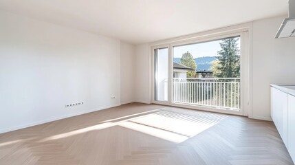 Fototapeta premium Bright, modern, empty apartment interior. Natural light streams through expansive windows, showcasing a tranquil mountain view. 