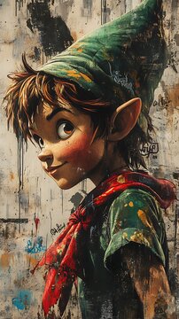Whimsical Photo Of Peter Pan Inspired Character With Playful Expression And Textured Background