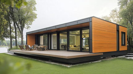 Fototapeta premium Modern prefabricated house with wooden exterior and large windows