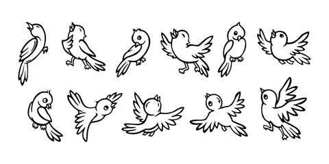 Birds from Signs of Spring collection. Set of isolated outline silhouettes of cartoon birds - flying, sitting, chirping, with spread and folded wings for coloring books, postcards, printing