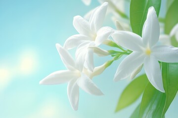 Fototapeta premium Delicate white flowers against a soft blue background