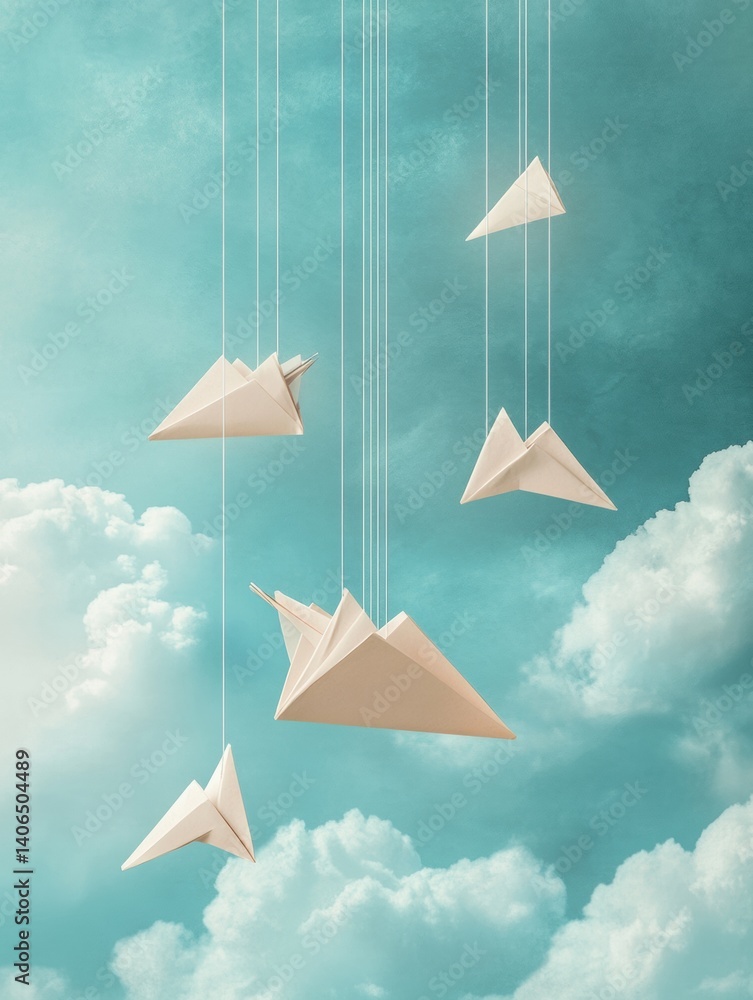 Poster floating paper planes drift against a soft sky adorned with gentle clouds in a light and whimsical s