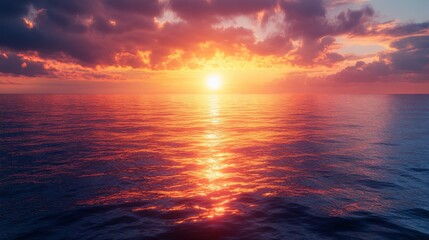 A stunning sunset reflects vibrant colors on calm ocean waters, creating a serene and tranquil atmosphere.