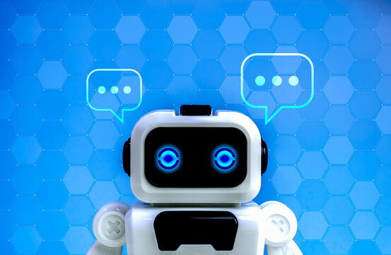 AI bot, online communication chatbot service, Artificial intelligence assistant technology concept. White smart cute robot head with conversation speech bubbles on blue cyber network background.