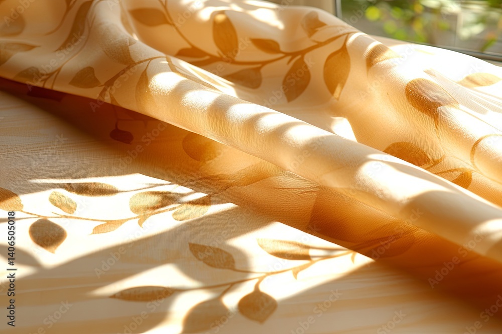 Poster soft and warm drapery with leaf patterns casting gentle shadows in natural light
