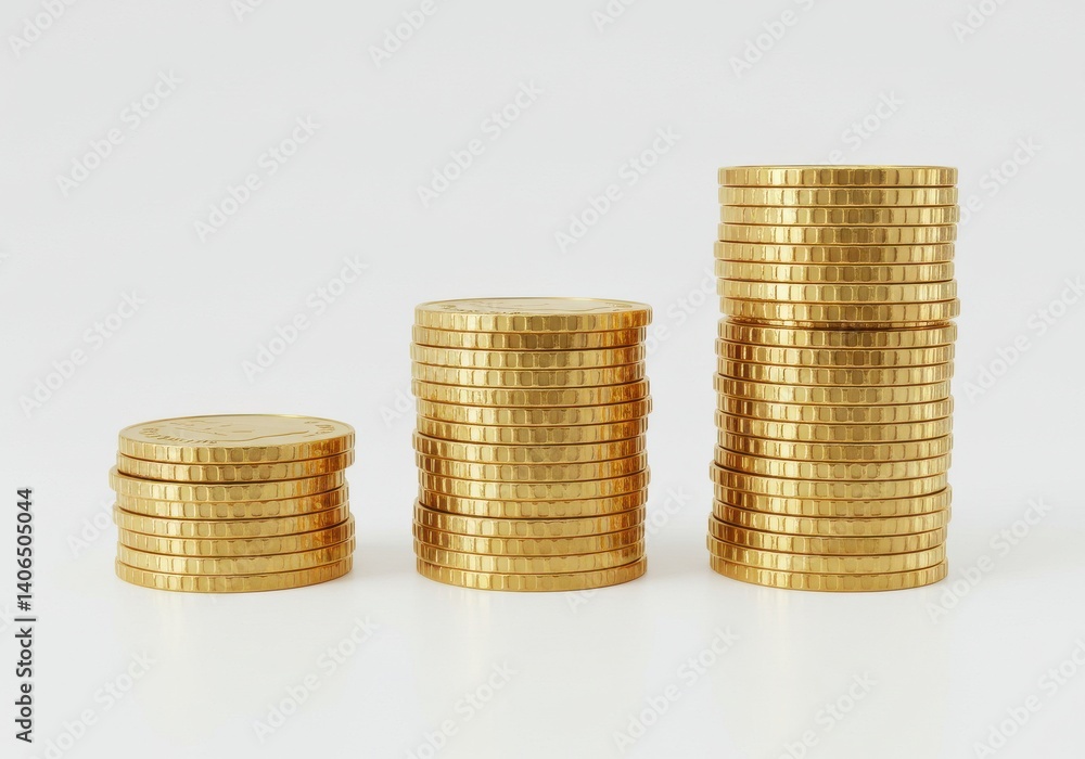 Poster three stacks of shiny golden coins arranged in ascending order on a white surface plain background