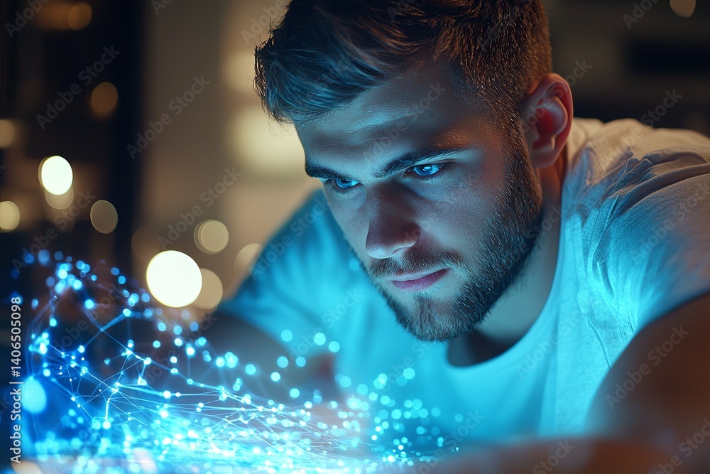 Poster young man analyzing digital data and innovative network connections at night with focused expression