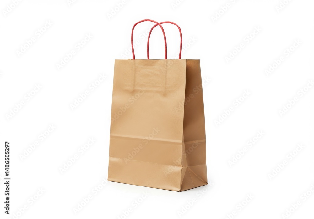 Poster isolated brown paper bag with red handles on a white background in a studio shot setting