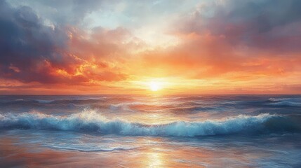 Fototapeta premium A vibrant sunset over the ocean, with dramatic clouds and gentle waves reflecting warm hues of orange, yellow, and blue.