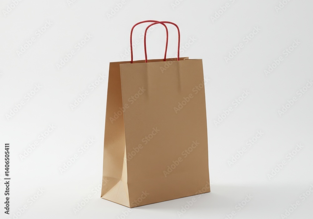 Aufkleber a simple brown paper bag with red handles on a plain white background in a studio setting for a prod