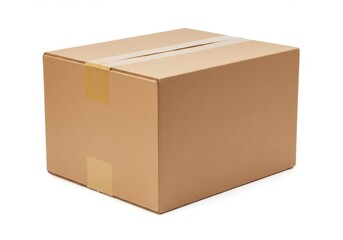 A simple cardboard box sealed with tape on a white background in a studio setting for product shots