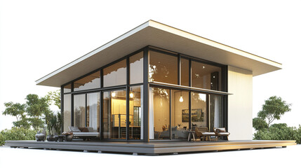 Modern prefabricated house with large windows and sleek design