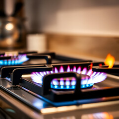 Gas burners with vibrant flames being used for cooking on a kitchen countertop